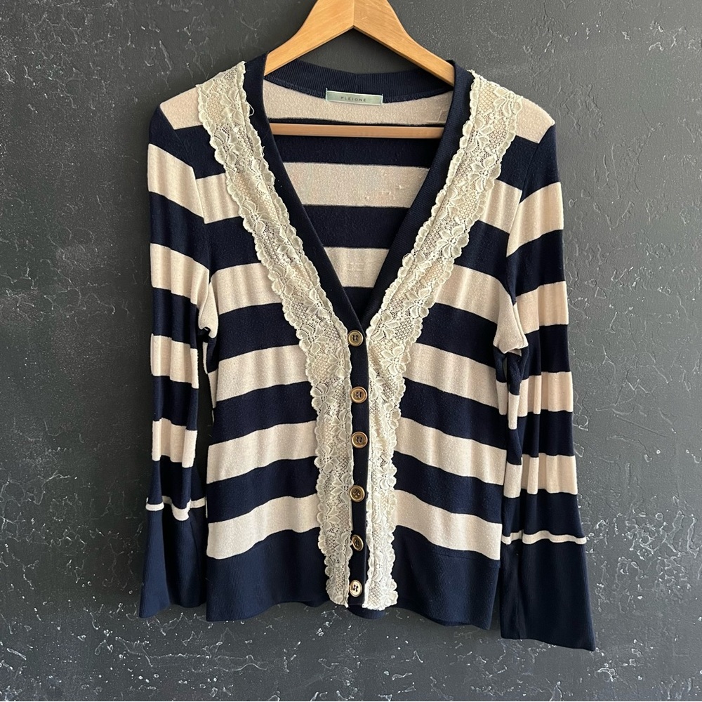 Striped Navy and Cream Cardigan Sweater